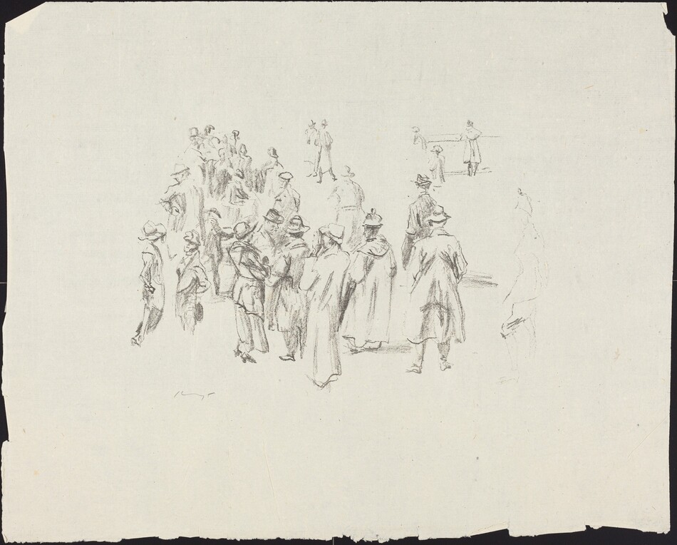 This is a drawing of a group of people standing closely together. The scene is sketched in a loose, impressionistic style with simple lines and shading to show the figures. Many appear to be wearing long coats and hats. Some figures are more defined than others, and the background is largely blank.