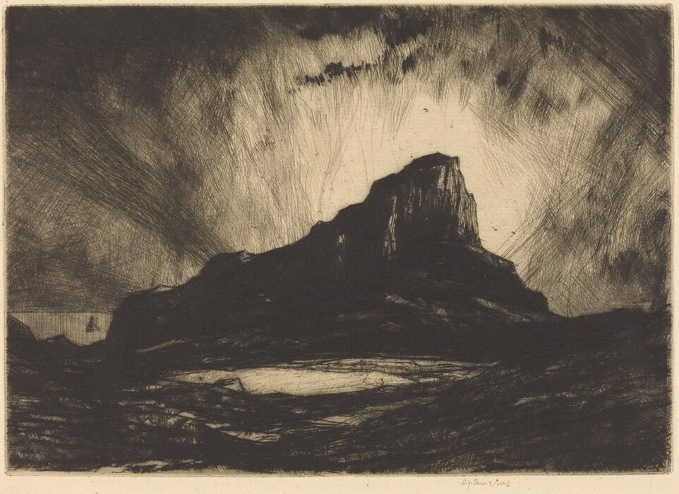 The image depicts a rugged mountain peak in the center, dominating the scene. Land meets the sky on both sides of the peak. The technique features expressive, textured brushstrokes, possibly created through an etching process. The color palette is monochromatic, with variations of black, grey, and white. Strong contrasts are visible between the mountain and the sky. Swirling, diagonally streaked lines suggest movement in the sky.