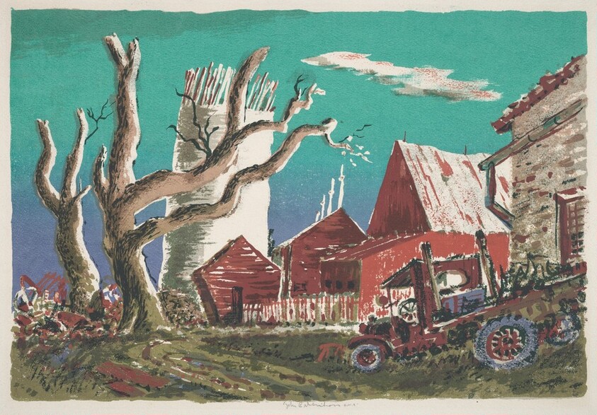 Red Barn with Flatbed Truck