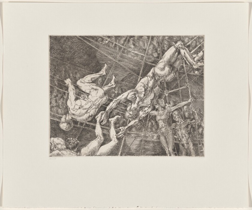 This is a drawing of bodies entangled within a complex structure of ropes or nets. The image depicts numerous figures caught in a network of ropes or nets, with detailed musculature. The figures are intricately drawn, suggesting movement. The background shows more figures and possibly an audience or crowd in the distance, obscured by the main net structure. The composition conveys motion and entrapment, illustrating the energy and physicality of the subjects in a dramatic atmosphere.