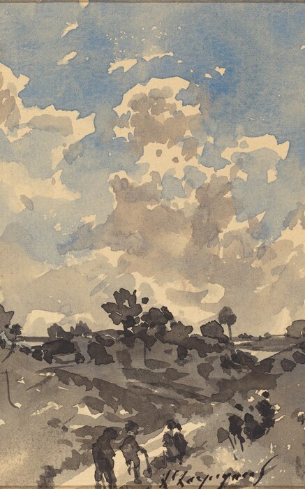The image shows a landscape scene with undulating hills, trees, and a winding path. The horizon is slightly above the center. The brushstrokes are expressive, capturing details with gestural dashes. The color palette includes browns, grays, creamy whites, and light blue. Figures can be seen on the path. The sky is filled with textured clouds.