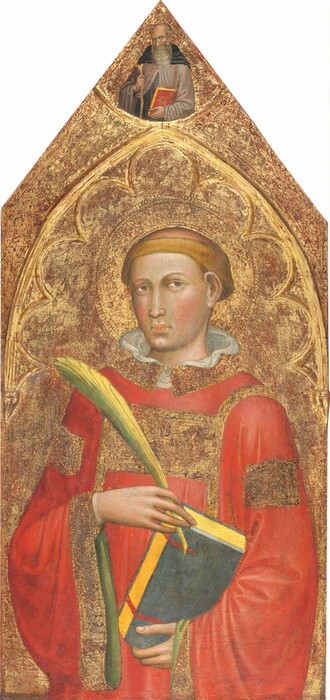 Shown from the hips up, a pale-skinned, clean-shaven man holds a palm frond and a book in front of a gold background in this vertical painting, which has a triangular top. The person’s body is angled slightly to our left, but he looks off to our right from the corners of his brown eyes. He has a thin nose with a rounded tip, full pink lips, and a cleft in his round chin. His blond hair is cut into a ring around his head. His red robe is edged with gold and has rectangular gold patches on the sleeves. A white ruffled collar stands high but loosely around his neck. He braces the book, which has a slate-blue cover and canary-yellow pages, in one hand and holds a palm frond painted with yellow and spring green in the other. The man’s gold halo is punched into the gold background, and gilded molding creates a pointed arch over him. A second person, tiny in scale, is shown from the waist up in the tip of the panel. This man is balding with a long gray beard. He wears a muted purple robe under a black cloak. He holds a red book in one hand and a crutch with the other. He also looks off to our right, has a halo, and is in front of a gold background.