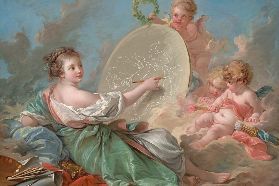 A young woman draws on an oval surface with white chalk while three winged, baby-like putti gather nearby, all on a bank of pale pink clouds in this horizontal painting. The woman and putti have pale, rosy skin, flushed cheeks, and hazel-brown eyes. To our left, the woman reclines with her upper body propped up on her far elbow, which rests on a steel-blue cushion as her legs stretch out to our right. Her light brown hair is braided and wrapped across the top of her head. She wears a loose, seafoam-green robe over a billowing ivory-white garment that has slipped off the shoulder closer to us. A round paint palette with brushes sticking out of its thumb hole and a roll of blue and white paper sit in the lower left corner, behind the woman. The woman and the objects are on a red cloth.  In front of the woman is a rounded surface, perhaps a canvas, on which she draws. She holds up a gold-colored stylus with her right hand, closer to us, with a pointed piece of white chalk in one end and black chalk in the other. The canvas is taller than her head, so the child-like putto she draws on it is life-sized. The three nude putti on the far side of the canvas have copper or golden-blond, curly hair, flushed, rounded cheeks, short wings in white or peacock blue, pudgy torsos, and dimpled limbs. One putto, presumably the one the woman draws, sits back on the bank of clouds with a carnation-pink sash across his chest. He pulls his chin back and looks at her from under his eyebrows. He holds a gold-colored torch with a pink flame in one hand, and the other hand rests near a cylindrical quiver of arrows. Another putto peeks around the side of the canvas, and the third stands and props the canvas up. That third putto holds up a wreath of laurel leaves up over the canvas, above the woman’s drawing hand. The bank of clouds is parchment-brown with muted pink and blue highlights against a vivid blue sky. The artist signed and dated the lower right, “F Boucher – 1765.”