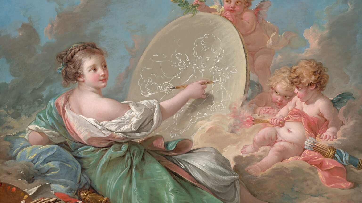 A young woman draws on an oval surface with white chalk while three winged, baby-like putti gather nearby, all on a bank of pale pink clouds in this horizontal painting. The woman and putti have pale, rosy skin, flushed cheeks, and hazel-brown eyes. To our left, the woman reclines with her upper body propped up on her far elbow, which rests on a steel-blue cushion as her legs stretch out to our right. Her light brown hair is braided and wrapped across the top of her head. She wears a loose, seafoam-green robe over a billowing ivory-white garment that has slipped off the shoulder closer to us. A round paint palette with brushes sticking out of its thumb hole and a roll of blue and white paper sit in the lower left corner, behind the woman. The woman and the objects are on a red cloth. In front of the woman is a rounded surface, perhaps a canvas, on which she draws. She holds up a gold-colored stylus with her right hand, closer to us, with a pointed piece of white chalk in one end and black chalk in the other. The canvas is taller than her head, so the child-like putto she draws on it is life-sized. The three nude putti on the far side of the canvas have copper or golden-blond, curly hair, flushed, rounded cheeks, short wings in white or peacock blue, pudgy torsos, and dimpled limbs. One putto, presumably the one the woman draws, sits back on the bank of clouds with a carnation-pink sash across his chest. He pulls his chin back and looks at her from under his eyebrows. He holds a gold-colored torch with a pink flame in one hand, and the other hand rests near a cylindrical quiver of arrows. Another putto peeks around the side of the canvas, and the third stands and props the canvas up. That third putto holds up a wreath of laurel leaves up over the canvas, above the woman’s drawing hand. The bank of clouds is parchment-brown with muted pink and blue highlights against a vivid blue sky. The artist signed and dated the lower right, “F Boucher – 1765.”
