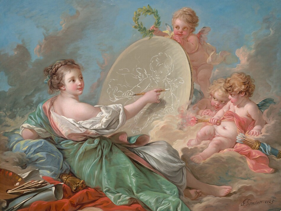 A young woman draws on an oval surface with white chalk while three winged, baby-like putti gather nearby, all on a bank of pale pink clouds in this horizontal painting. The woman and putti have pale, rosy skin, flushed cheeks, and hazel-brown eyes. To our left, the woman reclines with her upper body propped up on her far elbow, which rests on a steel-blue cushion as her legs stretch out to our right. Her light brown hair is braided and wrapped across the top of her head. She wears a loose, seafoam-green robe over a billowing ivory-white garment that has slipped off the shoulder closer to us. A round paint palette with brushes sticking out of its thumb hole and a roll of blue and white paper sit in the lower left corner, behind the woman. The woman and the objects are on a red cloth.  In front of the woman is a rounded surface, perhaps a canvas, on which she draws. She holds up a gold-colored stylus with her right hand, closer to us, with a pointed piece of white chalk in one end and black chalk in the other. The canvas is taller than her head, so the child-like putto she draws on it is life-sized. The three nude putti on the far side of the canvas have copper or golden-blond, curly hair, flushed, rounded cheeks, short wings in white or peacock blue, pudgy torsos, and dimpled limbs. One putto, presumably the one the woman draws, sits back on the bank of clouds with a carnation-pink sash across his chest. He pulls his chin back and looks at her from under his eyebrows. He holds a gold-colored torch with a pink flame in one hand, and the other hand rests near a cylindrical quiver of arrows. Another putto peeks around the side of the canvas, and the third stands and props the canvas up. That third putto holds up a wreath of laurel leaves up over the canvas, above the woman’s drawing hand. The bank of clouds is parchment-brown with muted pink and blue highlights against a vivid blue sky. The artist signed and dated the lower right, “F Boucher – 1765.”