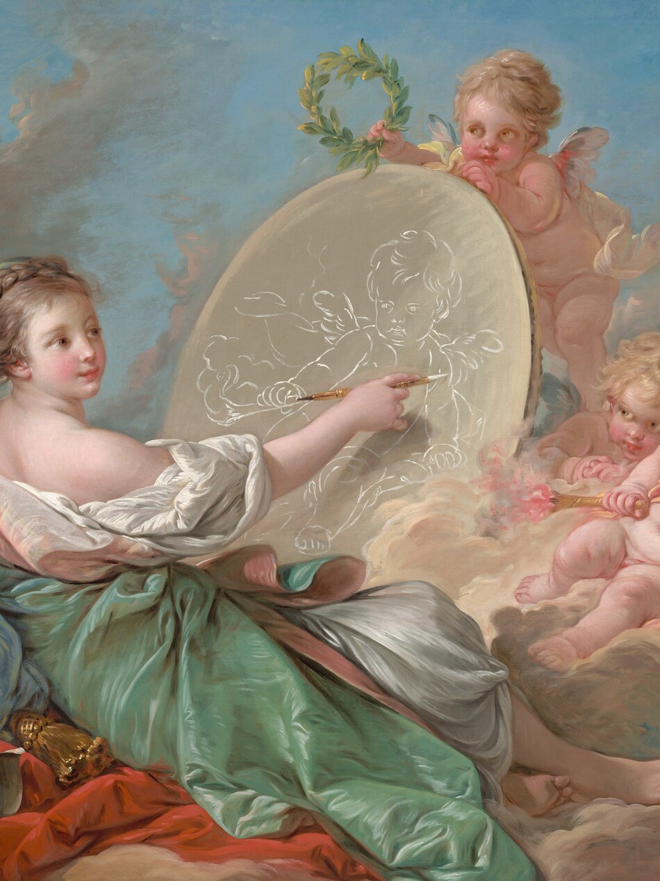 A young woman draws on an oval surface with white chalk while three winged, baby-like putti gather nearby, all on a bank of pale pink clouds in this horizontal painting. The woman and putti have pale, rosy skin, flushed cheeks, and hazel-brown eyes. To our left, the woman reclines with her upper body propped up on her far elbow, which rests on a steel-blue cushion as her legs stretch out to our right. Her light brown hair is braided and wrapped across the top of her head. She wears a loose, seafoam-green robe over a billowing ivory-white garment that has slipped off the shoulder closer to us. A round paint palette with brushes sticking out of its thumb hole and a roll of blue and white paper sit in the lower left corner, behind the woman. The woman and the objects are on a red cloth.  In front of the woman is a rounded surface, perhaps a canvas, on which she draws. She holds up a gold-colored stylus with her right hand, closer to us, with a pointed piece of white chalk in one end and black chalk in the other. The canvas is taller than her head, so the child-like putto she draws on it is life-sized. The three nude putti on the far side of the canvas have copper or golden-blond, curly hair, flushed, rounded cheeks, short wings in white or peacock blue, pudgy torsos, and dimpled limbs. One putto, presumably the one the woman draws, sits back on the bank of clouds with a carnation-pink sash across his chest. He pulls his chin back and looks at her from under his eyebrows. He holds a gold-colored torch with a pink flame in one hand, and the other hand rests near a cylindrical quiver of arrows. Another putto peeks around the side of the canvas, and the third stands and props the canvas up. That third putto holds up a wreath of laurel leaves up over the canvas, above the woman’s drawing hand. The bank of clouds is parchment-brown with muted pink and blue highlights against a vivid blue sky. The artist signed and dated the lower right, “F Boucher – 1765.”
