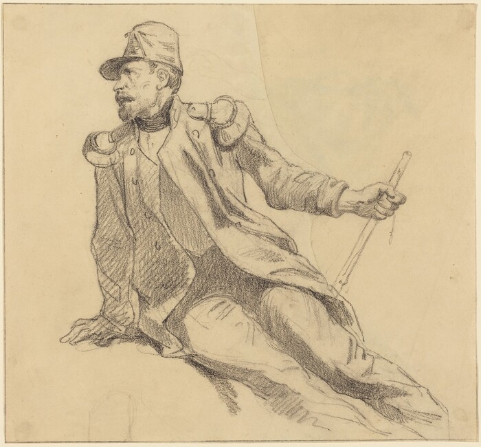 The image is a pencil drawing of a man from mid-thigh upwards. He is leaning back on his left hand while holding a stick with a string or strap attached in his right hand. The man's head is turned to his right, and he has a neatly trimmed beard and mustache. He is wearing a military-style cap, a high-collared shirt, and a jacket with epaulets on the shoulders. There are buttons running down the front of the jacket. The background is plain.