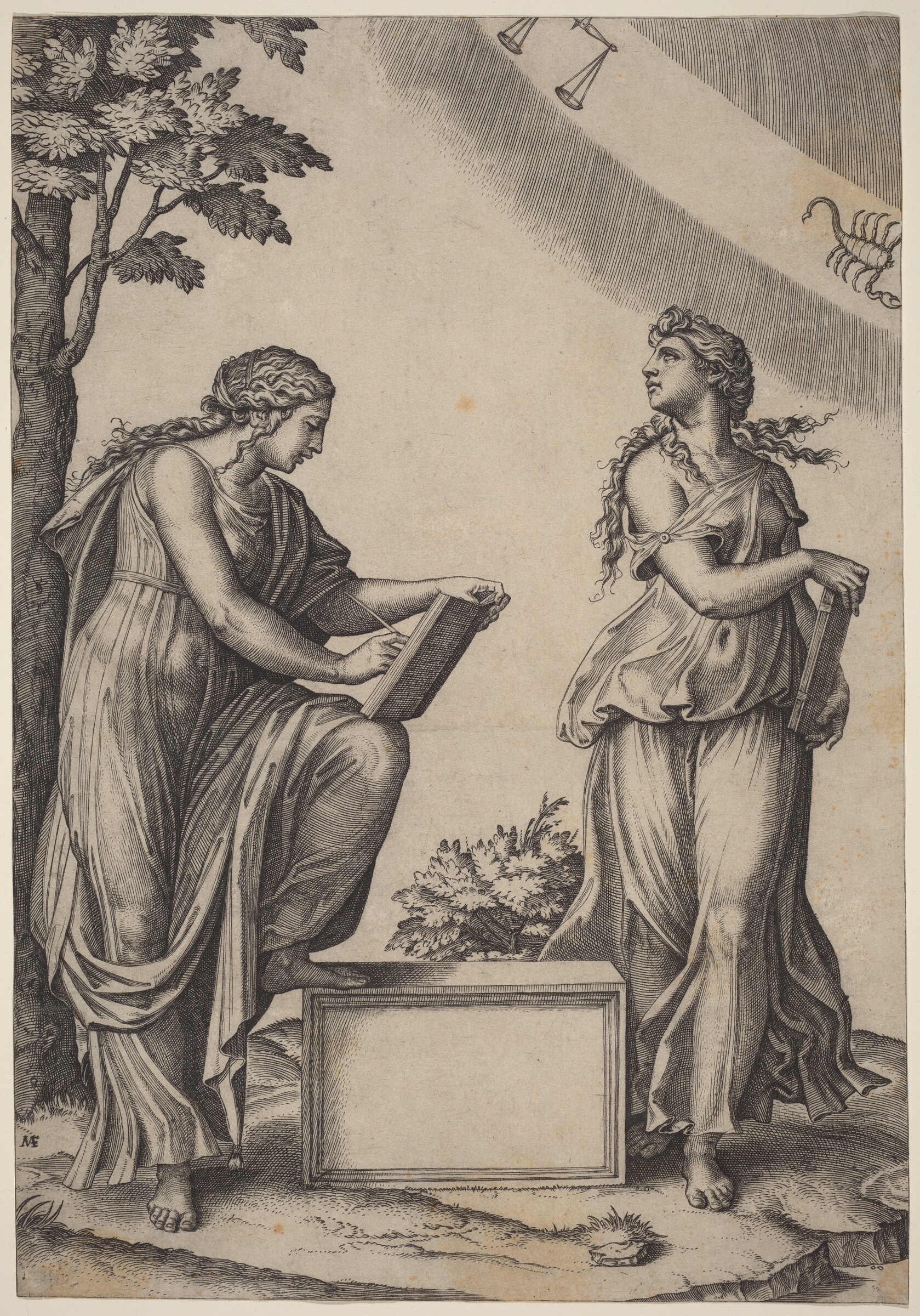 Two Women with the Zodiac, Marcantonio Raimondi after Raphael
