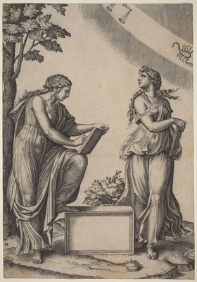 Two Women with the Zodiac, Marcantonio Raimondi after Raphael