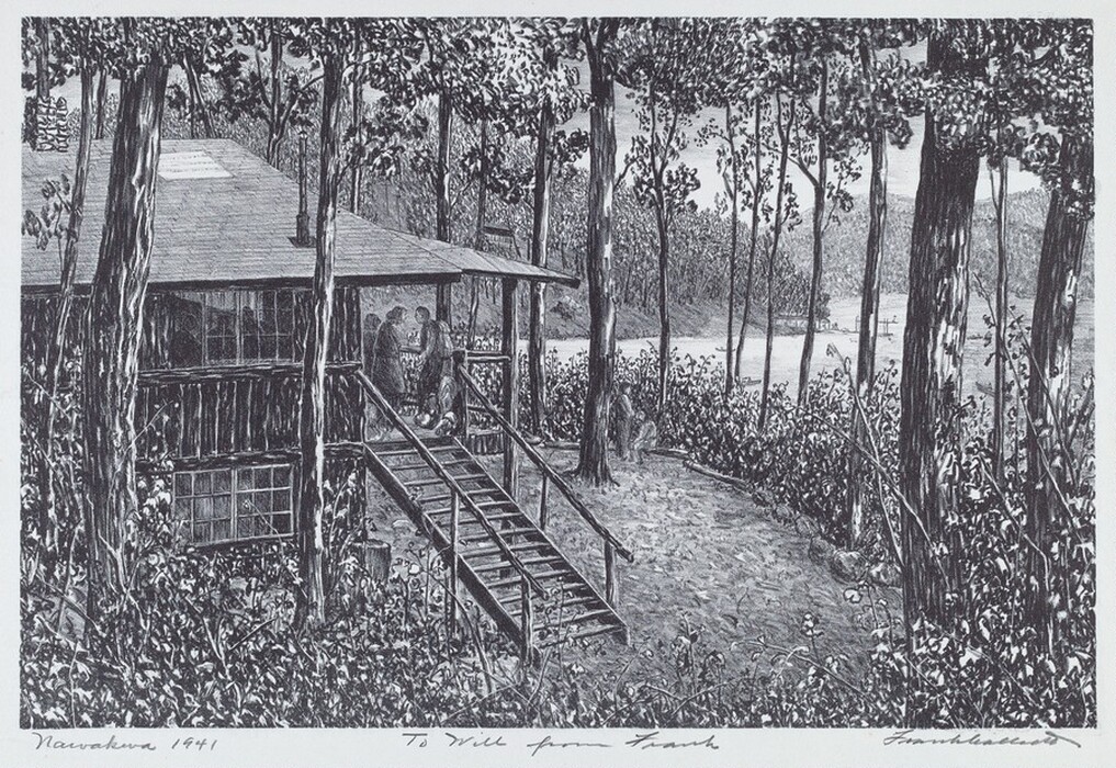 The image is a black-and-white illustration drawn from an elevated perspective, showing a wooden structure among trees. The horizon, distant hills, and a body of water can be seen. The drawing uses fine lines to depict the trees, cabin, and foliage. The color palette is monochromatic with shades of grey, black, and white. There is dense shrubbery, the side of the cabin, and people gathered around the porch.