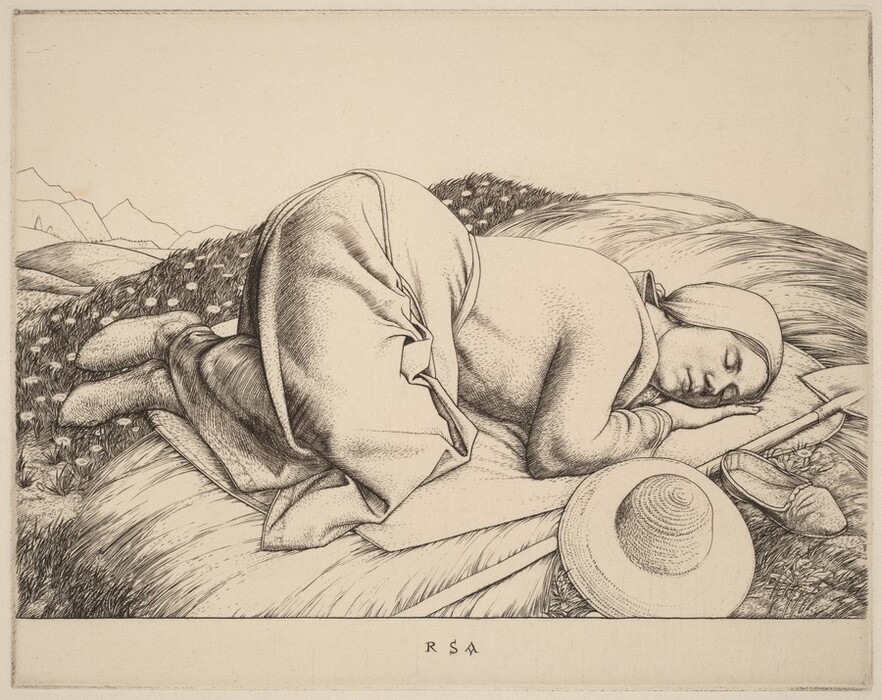 The image shows a person laying on their side on a textured surface that resembles grass or hay. Their hands are tucked under their head, which rests on the ground. The person's facial features are relaxed, with closed eyes. Their hair is covered by a headscarf. They are wearing a long-sleeved garment. Nearby, there is a wide-brimmed hat, a rolled-up piece of fabric, and a small bag. The background features rolling hills and mountains in the distance.