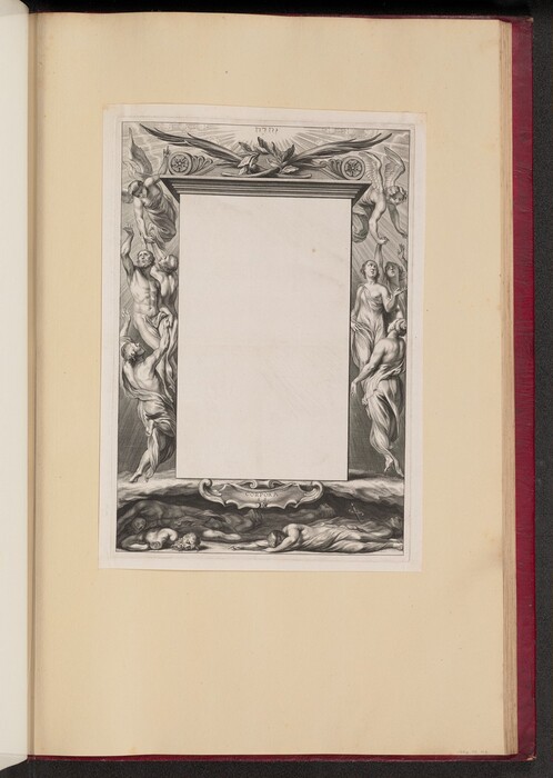 This is a drawing of an ornamental frame. The center is blank while the surrounding artwork is intricate. At the top, there is a bird with outstretched wings, decorative patterns, and a winged figure. On the sides, there are classical figures wearing flowing garments. At the bottom, human figures are arranged horizontally, with one appearing to rest a head on hand. The word "CORPORA" is written in a decorative cartouche at the base of the frame.