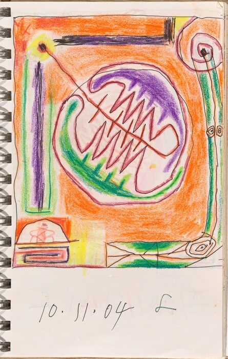 The image features geometric shapes and flowing lines in an abstract composition. In the center, there is an oval shape with jagged, zigzagging lines inside. Surrounding this, there's an expanse of warm orange, bordered by thick, sweeping strokes of green and purple. A spiral shape is in the top right corner, while clustered lines and shapes along the bottom resemble a mixture of structures. The vibrant and energetic use of colors and lines evokes familiar elements from nature and everyday life in an imaginative abstract expression.