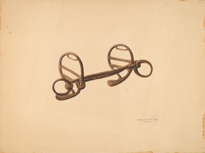 The image shows a metallic bit used as horse tack against a plain backdrop. The color palette includes warm browns with subtle shading on a cream-colored background. The bit is positioned horizontally in the center, showcasing its loops and elongated central piece. The artist's name and date "HAROLD E. BALLIN 1940" are inscribed near the bottom right corner.
