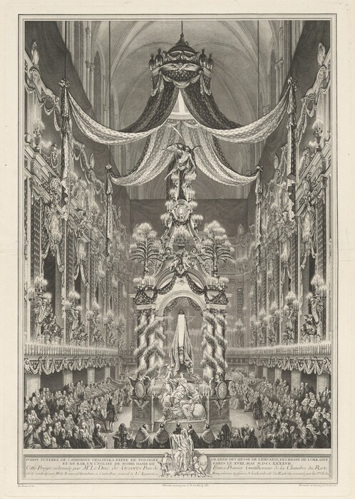 This is a drawing of an ornately decorated interior space. It features intricate details like decorated walls, hanging drapery, and multiple tiers of candles or lamps providing light. In the center, there is a large, ornate canopy or baldachin under which rests a sculptural element. This structure is surrounded by rows of seating or gathering areas and framed by tall columns and detailed architectural features. The scene conveys a sense of grandeur and elegance within a ceremonial context.