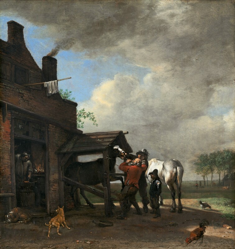 Two men hold the mouth of a horse open to work on its teeth as a third, short boy or man looks on in front of a building to our left, where a blacksmith works in this vertical painting. All the people have peach-colored skin. A dark horse with a white stripe down its nose stands in a small, shed-like enclosure covered with a peaked roof, which is attached to the brick blacksmith’s shop. A balding man with a white beard and fringe of white hair, and wearing glasses, a tattered crimson-red shirt, and dark pants, holds a long, rod-like instrument in the horse’s gaping mouth. A hat lies on the ground near his feet. The man next to him is cleanshaven and wears a tall hat, a dark jacket with red sleeves, and dark pants and boots. He stands facing the horse with his mouth and eyes wide open. The horse’s nose is caught in long-handled, vice-like tongs, presumably to make the horse show its teeth. A noticeably shorter man or boy stands behind the pair, to our right, and looks on. He wears a tall, floppy hat, and his dark clothes are worn. His face is deep in shadow under the hat but he might have a mustache and beard. A white horse stands with its rump angled toward us behind the trio. Almost lost in shadow, a wide-shouldered man works on a hot piece of metal, glowing orange, next to a fire just inside the doorway to the building. Charcoal-gray smoke pours from a chimney on the roof. One dog lies down in front of the door and another frolics nearby. A chicken and a rooster peck at the dirt ground to our right. The horizon of the tree-lined landscape comes about a quarter of the way up the composition, and cream-colored, puffy clouds float across a blue sky above. Two people stands near a cow in the deep distance, near the trees.