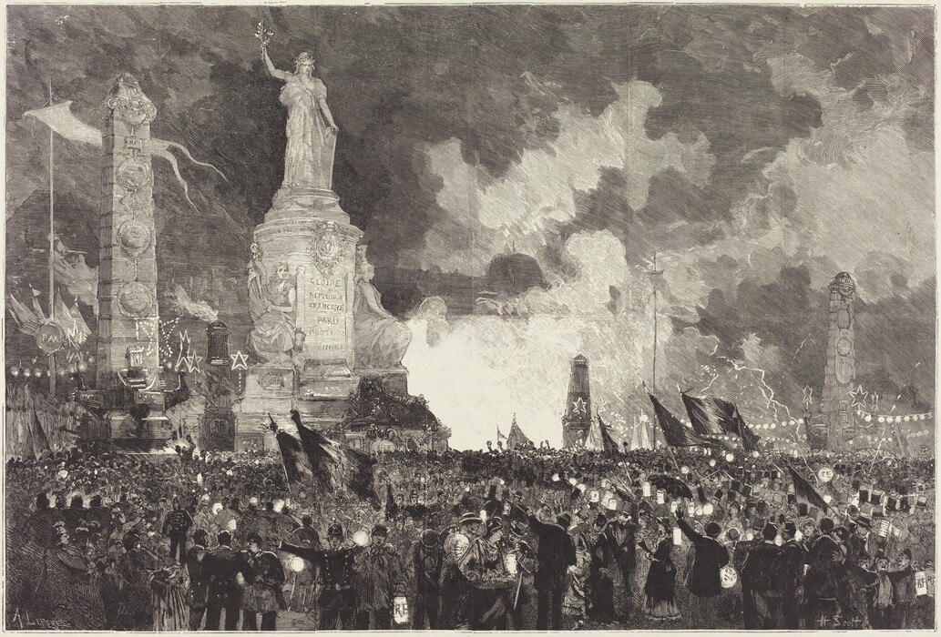 This is a drawing of a procession and a monumental statue. The image shows a scene of a public celebration or event around a grand stone statue with a figure holding a torch. The area is filled with a large crowd of people carrying lamps or lanterns. The monument has classical architectural details and decorative elements, including plaques and inscriptions reading 'GLOIRE A LA FRANCE.' Flags are held by the crowd, along with columns adorned with stars and circular motifs. The sky is darkened with stylized clouds, and there are strands of light symbolizing illumination or fireworks.