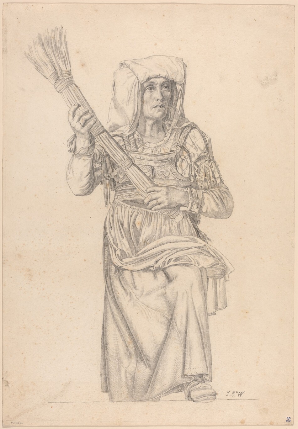 The drawing depicts a person from the knees up, in a seated or resting posture with one knee raised. The person looks upwards slightly with a contemplative expression. The facial features are distinct, with a furrowed brow and high cheekbones, beneath a head covering that drapes around their head and shoulders. The hair is mostly hidden by the cloth. The person is dressed in an intricately detailed garment, featuring layered and textured fabrics with decorative elements. In their hands, they hold a large bundle of sticks or a thatch, grasped near their chest. The background is plain, emphasizing the detailed linework of the figure and their attire.