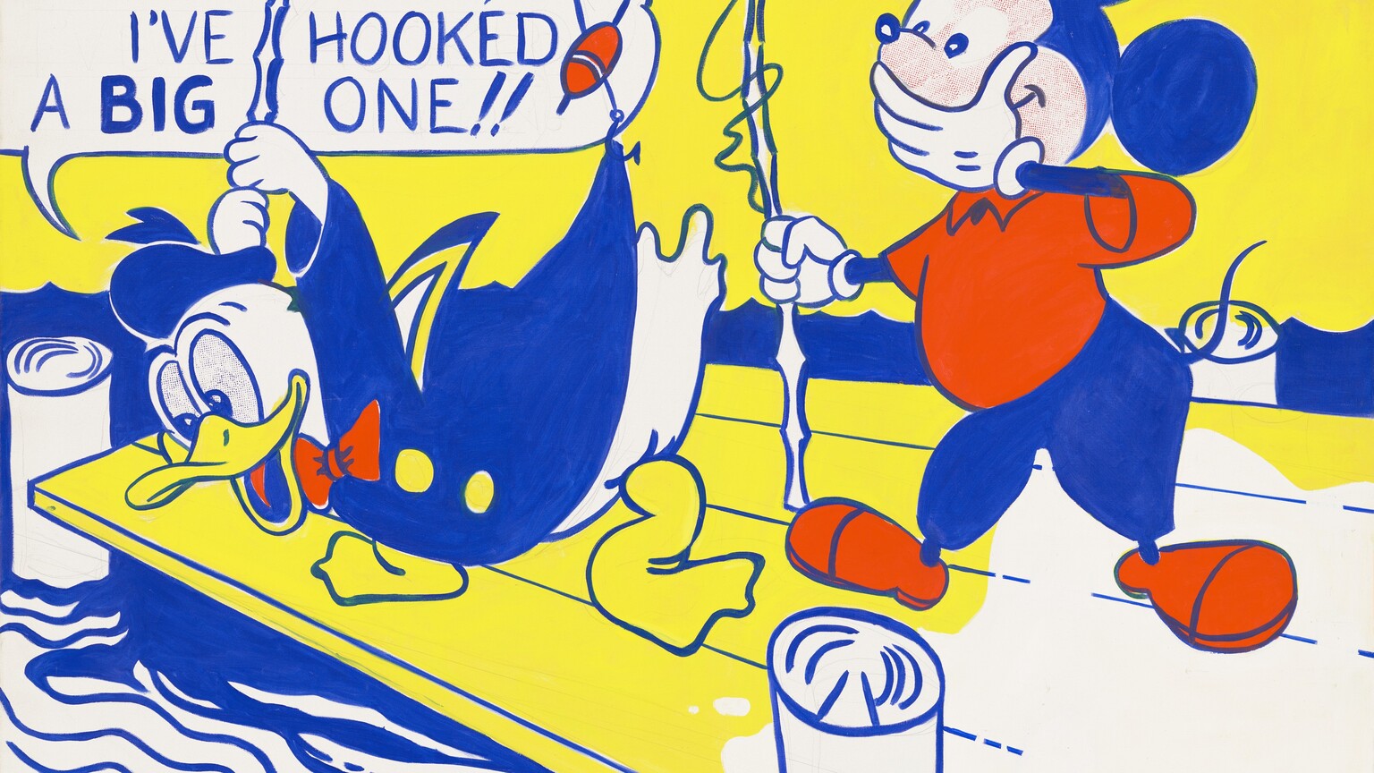 The Disney cartoon characters, Donald Duck and Mickey Mouse, fish off a dock in this horizontal painting. The scene and characters are painted entirely flat areas of canary yellow, cobalt blue, tomato red, and white. To our left, Donald leans over the edge of the dock with his feet spread and duckbill hanging open. He has a white body outlined in blue, big eyes filled with a pattern of tiny blue dots, and yellow feet and duckbill. He wears a blue sailor’s hat and jacket with a red bow tie and yellow circles indicating buttons. He holds a fishing pole with an oval, red bobber near the fishhook high over his head. The pole has bent back with the fishhook snagged on the back hem of Donald’s jacket. A white speech bubble over Donald’s head is outlined in blue, and blue text inside reads, “LOOK MICKEY, I’VE HOOKED A BIG ONE!!” Mickey stands to our right, covering his smiling mouth with his left hand, on our right, and holding an upright fishing pole with the other hand. His round face is filled with a pattern of tiny red dots, and his curving hairline and ears are blue. He wears blue pants, a red shirt and shoes, and white gloves. The dock is mostly yellow with a white area on the right. Its planks and three white, round posts supporting it are outlined in blue. Rippling water surrounding the dock is defined by wavy lines and undulating bands of blue against a yellow background. The artist signed his initials in the lower left, “rfl.”