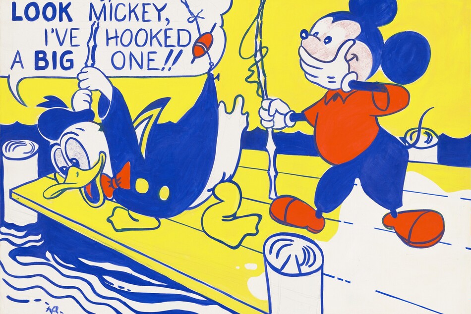 The Disney cartoon characters, Donald Duck and Mickey Mouse, fish off a dock in this horizontal painting. The scene and characters are painted entirely flat areas of canary yellow, cobalt blue, tomato red, and white. To our left, Donald leans over the edge of the dock with his feet spread and duckbill hanging open. He has a white body outlined in blue, big eyes filled with a pattern of tiny blue dots, and yellow feet and duckbill. He wears a blue sailor’s hat and jacket with a red bow tie and yellow circles indicating buttons. He holds a fishing pole with an oval, red bobber near the fishhook high over his head. The pole has bent back with the fishhook snagged on the back hem of Donald’s jacket. A white speech bubble over Donald’s head is outlined in blue, and blue text inside reads, “LOOK MICKEY, I’VE HOOKED A BIG ONE!!” Mickey stands to our right, covering his smiling mouth with his left hand, on our right, and holding an upright fishing pole with the other hand. His round face is filled with a pattern of tiny red dots, and his curving hairline and ears are blue. He wears blue pants, a red shirt and shoes, and white gloves. The dock is mostly yellow with a white area on the right. Its planks and three white, round posts supporting it are outlined in blue. Rippling water surrounding the dock is defined by wavy lines and undulating bands of blue against a yellow background. The artist signed his initials in the lower left, “rfl.”