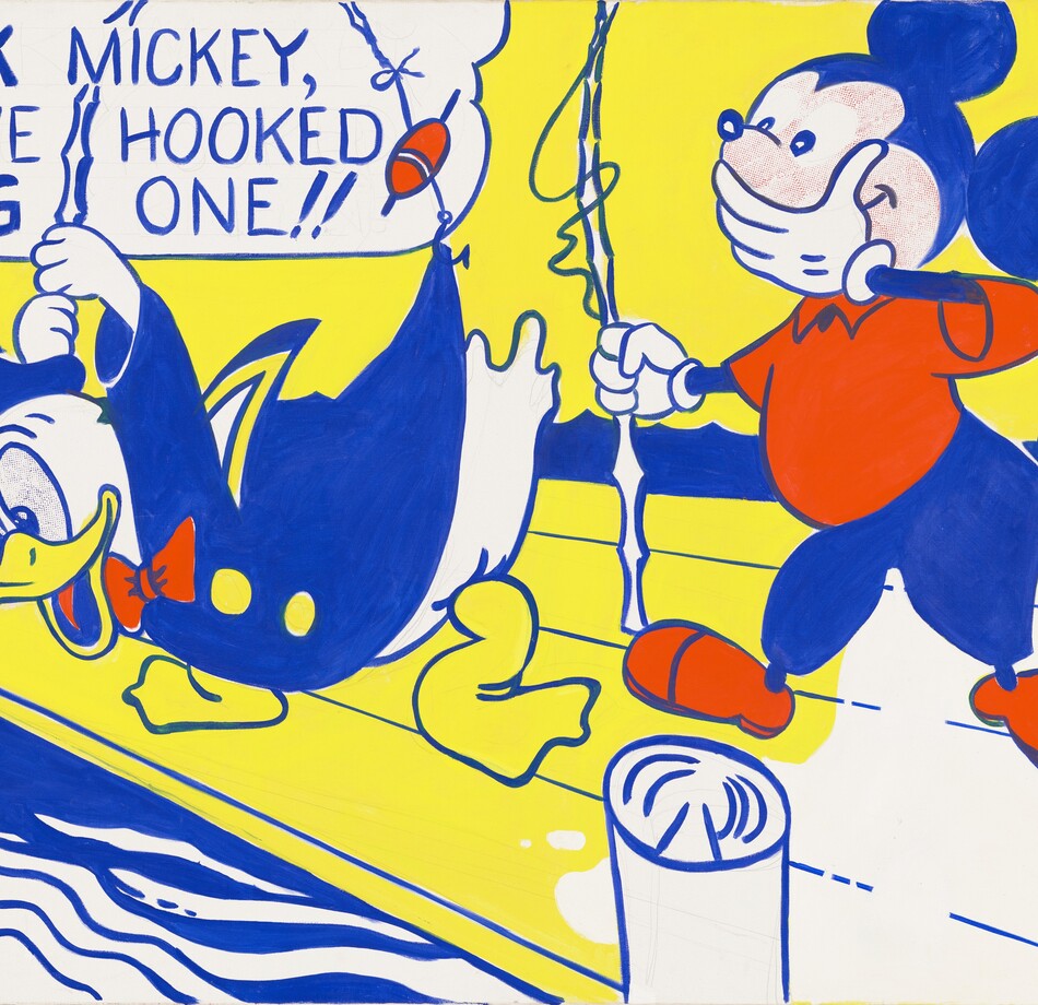 The Disney cartoon characters, Donald Duck and Mickey Mouse, fish off a dock in this horizontal painting. The scene and characters are painted entirely flat areas of canary yellow, cobalt blue, tomato red, and white. To our left, Donald leans over the edge of the dock with his feet spread and duckbill hanging open. He has a white body outlined in blue, big eyes filled with a pattern of tiny blue dots, and yellow feet and duckbill. He wears a blue sailor’s hat and jacket with a red bow tie and yellow circles indicating buttons. He holds a fishing pole with an oval, red bobber near the fishhook high over his head. The pole has bent back with the fishhook snagged on the back hem of Donald’s jacket. A white speech bubble over Donald’s head is outlined in blue, and blue text inside reads, “LOOK MICKEY, I’VE HOOKED A BIG ONE!!” Mickey stands to our right, covering his smiling mouth with his left hand, on our right, and holding an upright fishing pole with the other hand. His round face is filled with a pattern of tiny red dots, and his curving hairline and ears are blue. He wears blue pants, a red shirt and shoes, and white gloves. The dock is mostly yellow with a white area on the right. Its planks and three white, round posts supporting it are outlined in blue. Rippling water surrounding the dock is defined by wavy lines and undulating bands of blue against a yellow background. The artist signed his initials in the lower left, “rfl.”