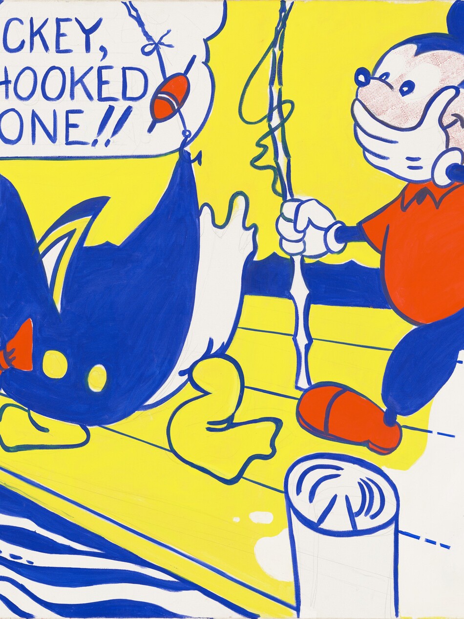 The Disney cartoon characters, Donald Duck and Mickey Mouse, fish off a dock in this horizontal painting. The scene and characters are painted entirely flat areas of canary yellow, cobalt blue, tomato red, and white. To our left, Donald leans over the edge of the dock with his feet spread and duckbill hanging open. He has a white body outlined in blue, big eyes filled with a pattern of tiny blue dots, and yellow feet and duckbill. He wears a blue sailor’s hat and jacket with a red bow tie and yellow circles indicating buttons. He holds a fishing pole with an oval, red bobber near the fishhook high over his head. The pole has bent back with the fishhook snagged on the back hem of Donald’s jacket. A white speech bubble over Donald’s head is outlined in blue, and blue text inside reads, “LOOK MICKEY, I’VE HOOKED A BIG ONE!!” Mickey stands to our right, covering his smiling mouth with his left hand, on our right, and holding an upright fishing pole with the other hand. His round face is filled with a pattern of tiny red dots, and his curving hairline and ears are blue. He wears blue pants, a red shirt and shoes, and white gloves. The dock is mostly yellow with a white area on the right. Its planks and three white, round posts supporting it are outlined in blue. Rippling water surrounding the dock is defined by wavy lines and undulating bands of blue against a yellow background. The artist signed his initials in the lower left, “rfl.”