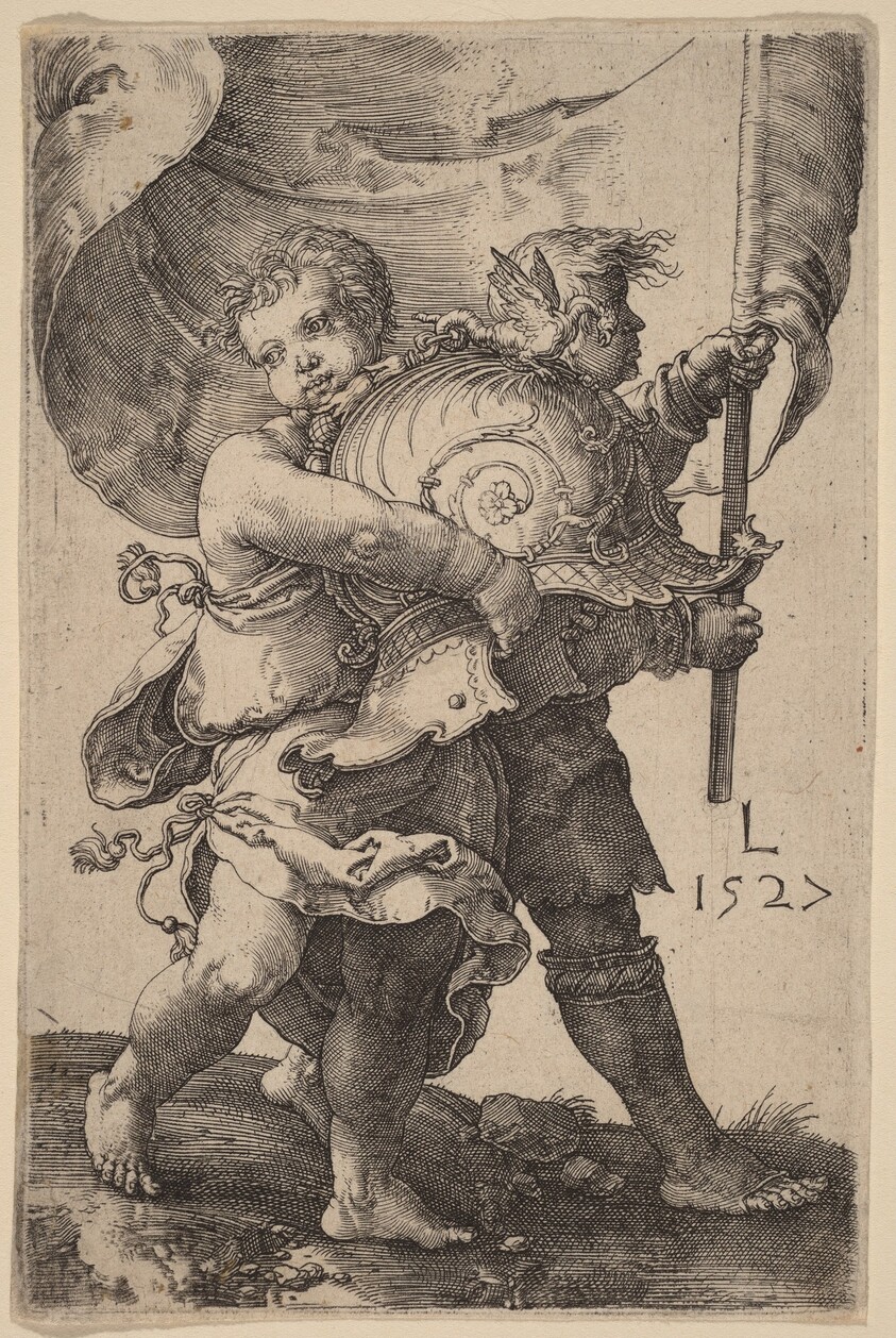 Two Boys with a Helmet and a Standard