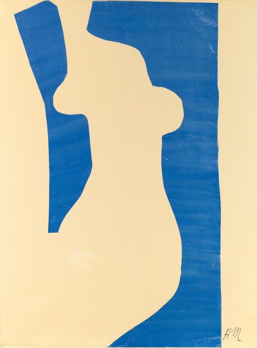 Two cut pieces of royal-blue paper are affixed to a cream-white background in this vertical composition. The blue paper is cut so that the center between the two sheets creates an abstracted female form with a neck, shoulders, a breast to each side, a waist, and curving hips. The blue paper on our right spans the height of the composition and the left piece is shorter, stopping at what would be the hip. The blue is painted in horizontal strokes so streaks are visible. The artist signed the work with his initials near the lower right corner, “HM.”
