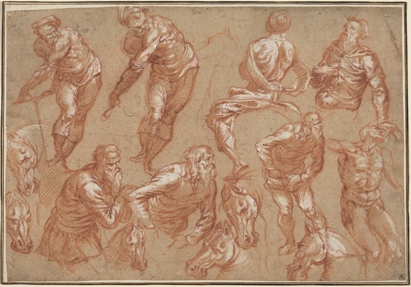 Eight people and six horse heads are drawn in two rows with red and white chalk on tan-colored, horizontally oriented paper. Seven of the people are bearded and muscular. The eighth sits facing away from us, so the gender is unclear. The men twist, turn, bend over, and/or look up in different configurations across the sketches. Two horse heads are along the left edge of the sheet near the bottom corner, and the other four are spaced among the people in the bottom row. Most of the horses pull their chins back toward their powerful necks or twist their heads.