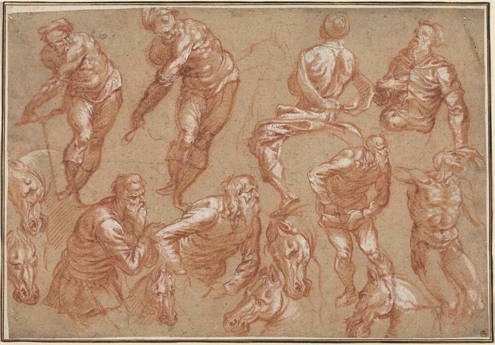 Eight people and six horse heads are drawn in two rows with red and white chalk on tan-colored, horizontally oriented paper. Seven of the people are bearded and muscular. The eighth sits facing away from us, so the gender is unclear. The men twist, turn, bend over, and/or look up in different configurations across the sketches. Two horse heads are along the left edge of the sheet near the bottom corner, and the other four are spaced among the people in the bottom row. Most of the horses pull their chins back toward their powerful necks or twist their heads.