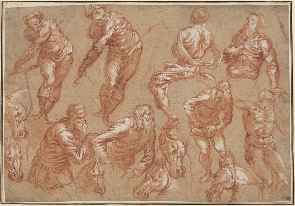 Eight people and six horse heads are drawn in two rows with red and white chalk on tan-colored, horizontally oriented paper. Seven of the people are bearded and muscular. The eighth sits facing away from us, so the gender is unclear. The men twist, turn, bend over, and/or look up in different configurations across the sketches. Two horse heads are along the left edge of the sheet near the bottom corner, and the other four are spaced among the people in the bottom row. Most of the horses pull their chins back toward their powerful necks or twist their heads.