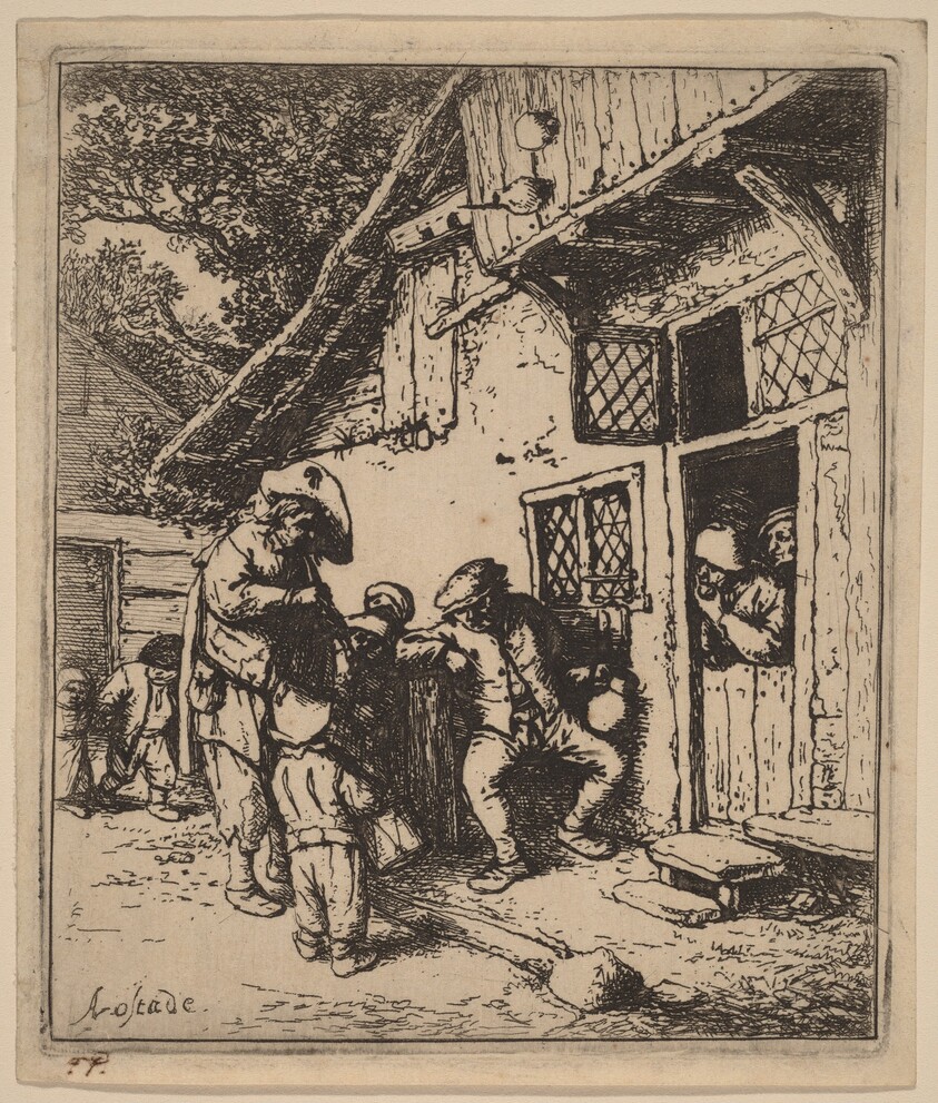 Peasants Outside an Inn Entertained by Musicians with a Flute and a Drum