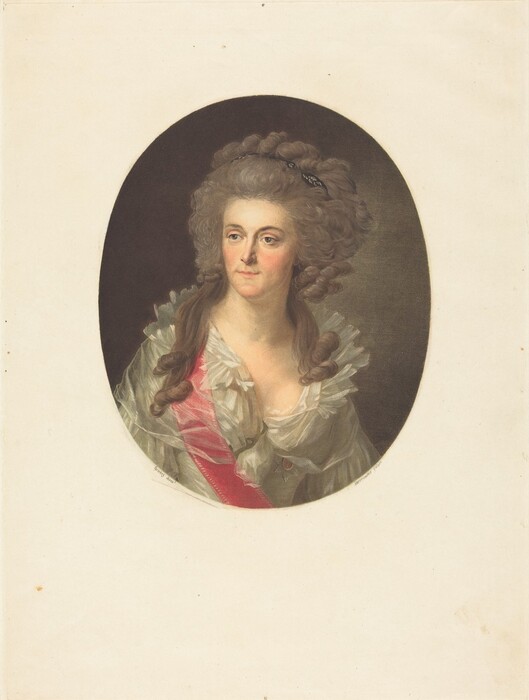 The image is a portrait showing the upper body of a woman, including her head, shoulders, and chest. She is positioned facing slightly to her right, with her head turned toward the viewer. Her facial features include a fair complexion, light-colored eyes, and a neutral expression. She has voluminous, powdered hair styled in an 18th-century fashion, with elaborate curls and two long braids over her shoulders, adorned with a decorative black band. She is wearing a sheer, delicate gown with a high, ruffled neckline, and a prominent pink sash draped over her right shoulder. Around her neck is a brooch-like adornment beneath the ruffles. The background is plain with a dark oval framing the portrait, providing contrast against the paleness of the paper surrounding it.