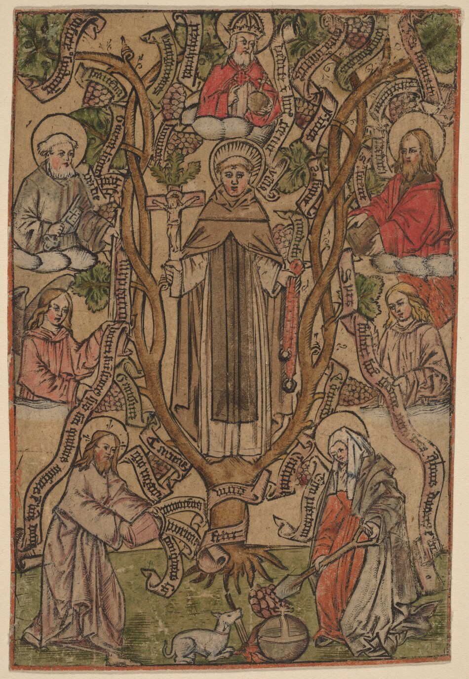 This is a painting of religious symbolism. The image features a central figure surrounded by various symbols and scrolls. The central figure is holding a crucifix and a rosary, and is encircled by other robed figures, each with a halo. The background shows tree branches and vines, with a lamb resting next to a globe and other symbolic objects at the base of a central trunk. Latin text is present on the scrolls and figures. The colors are muted, with earth tones and soft reds and greens. The style is reminiscent of medieval or early Renaissance artwork with elements of woodcut or early printmaking, characterized by strong outlines and hand coloring.