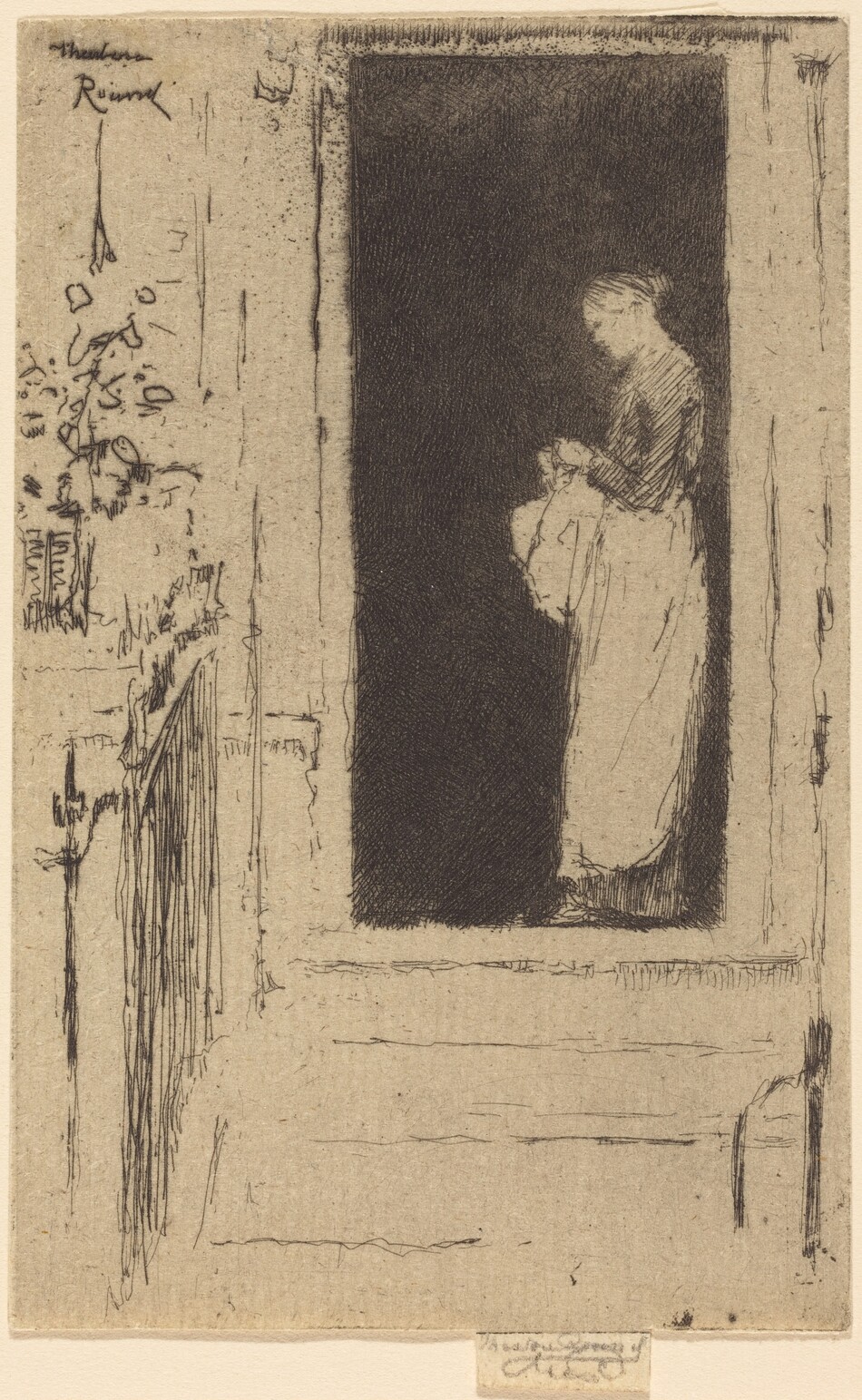 The image features a person standing in profile within a doorway. The individual's head is slightly bowed, and they appear to be holding an object. They are wearing a long dress or robe, and their hair is pulled back. To the left, there are line drawings and scribbles, while the rest of the background is abstract with minimalistic lines, highlighting the doorway frame enclosing the figure.