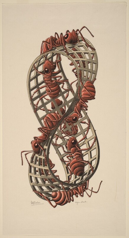 Eight brick-red ants crawl along a three-dimensional figure eight in this vertical woodblock print. The figure eight is a mobius strip, which can be created when connecting the ends of a strip after having twisted one end halfway around. The mobius fills most of the height of the composition, and seems to be made from a strip of peanut-brown, trellis-like material. The ants crawl along both sides of the mobius strip, which creates an infinite surface because of the way it twists on itself. The shape and ants are set against a cream-colored background. The front edge of the bottom loop is inscribed with “II ’63 MCE” in minuscule lettering. The artist signed the paper under the image near the lower left corner, “MCEscher,” and inscribed “eigendruk” under the lower right.
