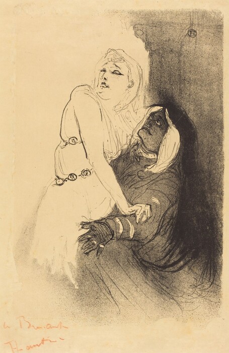 The image shows two figures from the waist up in a closely connected pose. The upper figure is facing slightly to the left, with their face slightly turned and eyes looking upward. Their hair is covered with a veiling drapery, and they are wearing a garment adorned with circular motifs. The lower figure is positioned below the upper one, with more pronounced facial features and deep-set eyes. They are wearing a wrap or garment that drapes around their head and shoulders. One of their hands is visible, appearing to be holding the upper figure's hand. The background is minimally detailed, shaded with arcs suggesting a shadowy environment.