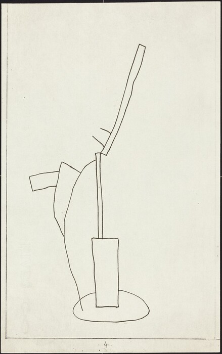 The image displays a collection of thin black lines forming an abstract composition. The shapes included are a tall, narrow rectangle slightly tilted, a curved line suggesting a sweeping arc, a small horizontal line protruding at an angle, and a rounded base at the bottom. The arrangement of lines and shapes may evoke thoughts of a stylized plant or tree, with an elongated trunk reaching upwards, and a broad, oval-like form at its base suggesting roots or a foundation.