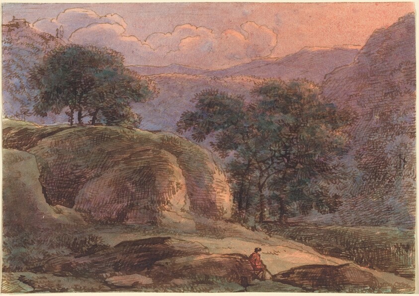 Traveler in a Mountainous Landscape at Sunset