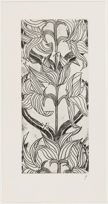 The image shows a pattern of swirling lines that form intricate shapes resembling floral patterns. The design consists of repeating motifs of lily-like flowers with elongated petals and central stems. The composition is densely packed with these swirling, leaf-like shapes, creating a sense of movement and continuity. The arrangement draws connections to the natural forms of a garden, while maintaining an abstract quality.