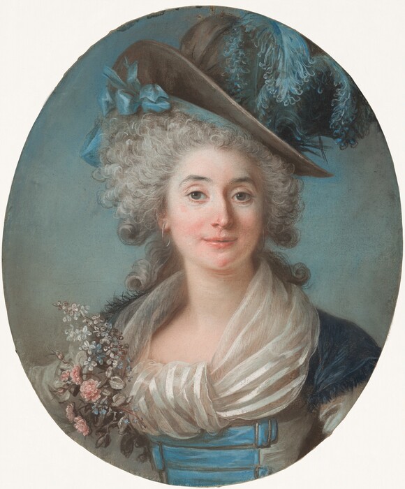 This drawing shows a portrait of a woman from the chest up. The woman is looking at us, her body slightly turned to the left. She has fair skin with pink cheeks, dark eyebrows, round, green-gray eyes, and pink lips set in as slight smile. Her hair is light, styled in voluminous curls and topped by a large gray hat set at an angle, with blue ribbons on the left and large blue feathers on the right. She wears a blue-and-white dress with a puffy white neckline, with a bunch of flowers seemingly attached to her dress on the left in shades of pink, blue, and white, surrounded by gray leaves. The background is a soft blue color with hints of gray on the left and right. The drawing is oval shaped.