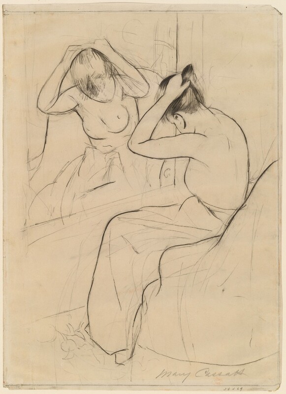 Drawn with black crayon and silvery graphite on cream-colored paper, a woman, nude from the waist up, gathers her hair in her raised hands as she sits before a mirror in this vertical composition. The large mirror is to our left, and the woman’s body is mostly turned away from us, her head bowed. Her lower body is wrapped in a voluminous cloth as she leans forward on a chair. The mirror and room around the woman are loosely drawn with a few, economical lines. The artist signed the work in graphite under the lower right corner, “Mary Cassatt.” Another inscription below reads, “38 x 49.”