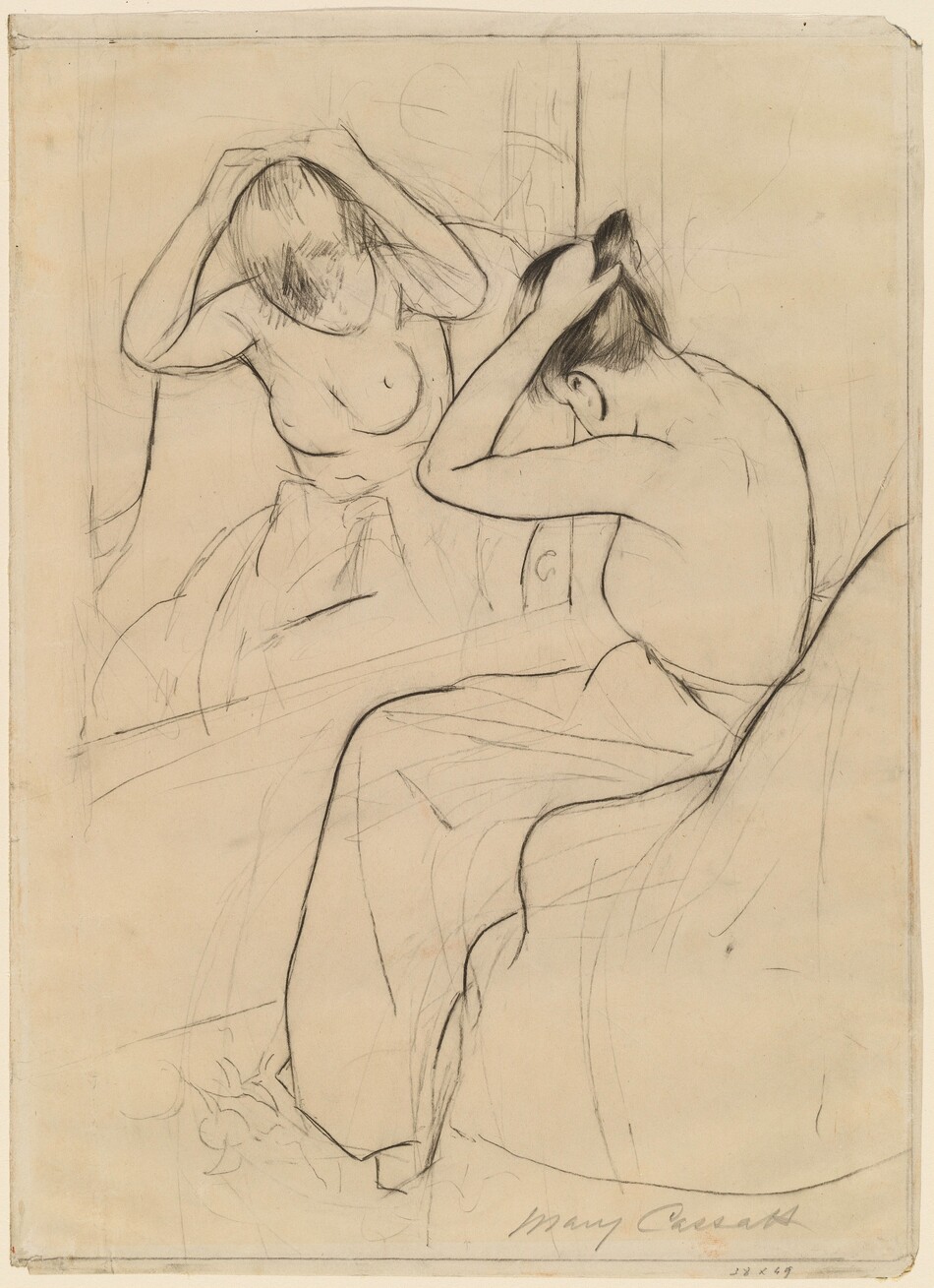 Drawn with black crayon and silvery graphite on cream-colored paper, a woman, nude from the waist up, gathers her hair in her raised hands as she sits before a mirror in this vertical composition. The large mirror is to our left, and the woman’s body is mostly turned away from us, her head bowed. Her lower body is wrapped in a voluminous cloth as she leans forward on a chair. The mirror and room around the woman are loosely drawn with a few, economical lines. The artist signed the work in graphite under the lower right corner, “Mary Cassatt.” Another inscription below reads, “38 x 49.”