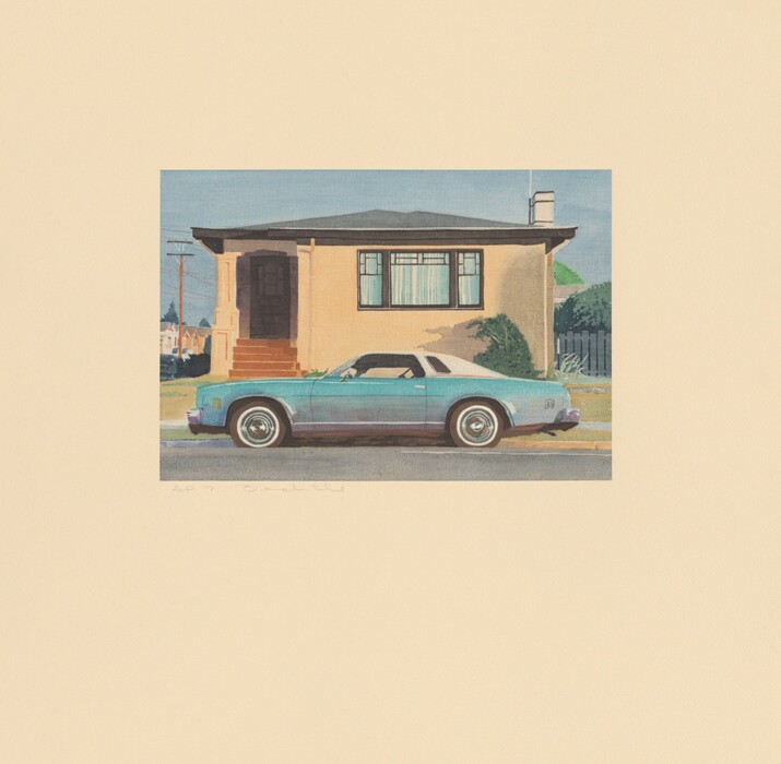 The image displays a turquoise car parked on the street, with a single-story house in the background. The car is in the foreground, with the house occupying most of the upper half of the image. The painting is characterized by precise lines and attention to detail, capturing reflections on the car and shadowing on the house. The setting suggests a suburban neighborhood, with rooftops and trees visible above the house. The color palette consists of soft blues for the sky and car, and earthier tones for the house and greenery.
