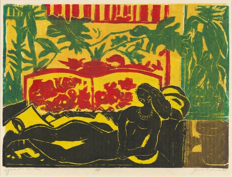 Printed with flat areas of black, scarlet red, canary yellow, grass green, and earth brown, a nude woman reclines among leafy plants in this stylized, horizontal linocut. The woman has black-colored skin, long hair, and a necklace. Her head is to our right, and she rests on her left hip so her body faces us. She lies on a couch or chaise. Red forms behind her could be a headboard or screen. Large-leafed plants grow across the background, and a brown pot is in the lower right. The forms are outlined in yellow, which also fills in the spaces between them. Inscribed in graphite under the image are “African Nude” to the left, “a/p” at the center, and “James L Wells 80” to the right.