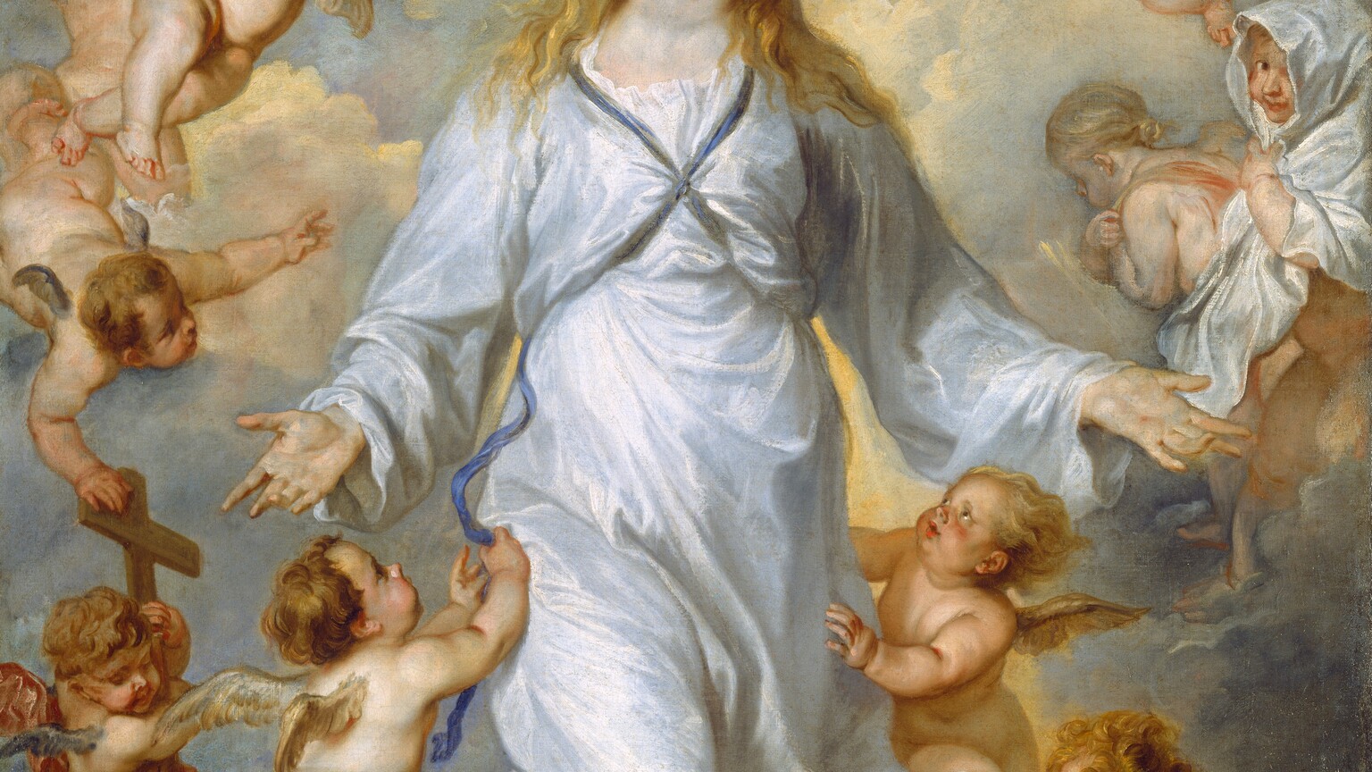 Light pours over a woman floating in front of a bank of clouds, surrounded by ten mostly nude, toddler-like winged putti in this vertical painting. The woman, Mary, and the putti all have pale, peachy skin. Mary's body faces us with her knees bent so her feet are lost in the clouds. She holds both hands out by her sides, palms facing out. Her head is tipped slightly back and to our right, and she looks up with light brown eyes, her pink lips parted. Her golden hair falls loosely in waves to her shoulders. Her pale blue, long-sleeved, voluminous garment is tied with a navy-blue ribbon that crosses her chest between her breasts and is presumably tied across her back. The ten child-like putti have rounded bellies, chubby limbs, and small, gold or silver wings at their shoulder blades. Five putti hover around Mary to each side. To our left, one putto plays with the end of Mary's blue ribbon while below, another holds a wooden cross near the lower left corner of the canvas. The putto holding the cross rests one foot on an iron-gray ball encircled with a gold band and topped with a gold cross. Another putto touches the top of the wooden cross and gestures toward Mary. Near her shoulder, one putto holds a ring of thorns above its head while another raises a ring of pink roses as if to place it on Mary's head. To our right, near Mary's head, a putto holds a piece of cloth like a handkerchief toward her face while one below holds a larger drapery around its head like a hooded cloak as it looks out at us and smiles. The two bottom-most putti hold Mary's fluttering dress and look up at her face. A streak of warm light pours down from the top center, casting yellow light on the tops of the powder-blue clouds.