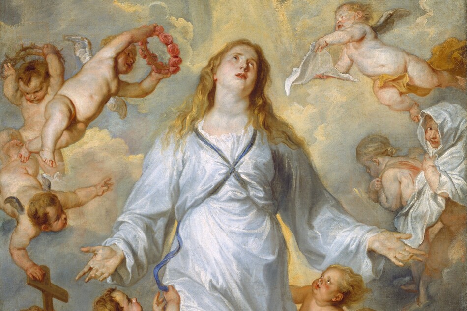 Light pours over a woman floating in front of a bank of clouds, surrounded by ten mostly nude, toddler-like winged putti in this vertical painting. The woman, Mary, and the putti all have pale, peachy skin. Mary's body faces us with her knees bent so her feet are lost in the clouds. She holds both hands out by her sides, palms facing out. Her head is tipped slightly back and to our right, and she looks up with light brown eyes, her pink lips parted. Her golden hair falls loosely in waves to her shoulders. Her pale blue, long-sleeved, voluminous garment is tied with a navy-blue ribbon that crosses her chest between her breasts and is presumably tied across her back. The ten child-like putti have rounded bellies, chubby limbs, and small, gold or silver wings at their shoulder blades. Five putti hover around Mary to each side. To our left, one putto plays with the end of Mary's blue ribbon while below, another holds a wooden cross near the lower left corner of the canvas. The putto holding the cross rests one foot on an iron-gray ball encircled with a gold band and topped with a gold cross. Another putto touches the top of the wooden cross and gestures toward Mary. Near her shoulder, one putto holds a ring of thorns above its head while another raises a ring of pink roses as if to place it on Mary's head. To our right, near Mary's head, a putto holds a piece of cloth like a handkerchief toward her face while one below holds a larger drapery around its head like a hooded cloak as it looks out at us and smiles. The two bottom-most putti hold Mary's fluttering dress and look up at her face. A streak of warm light pours down from the top center, casting yellow light on the tops of the powder-blue clouds.