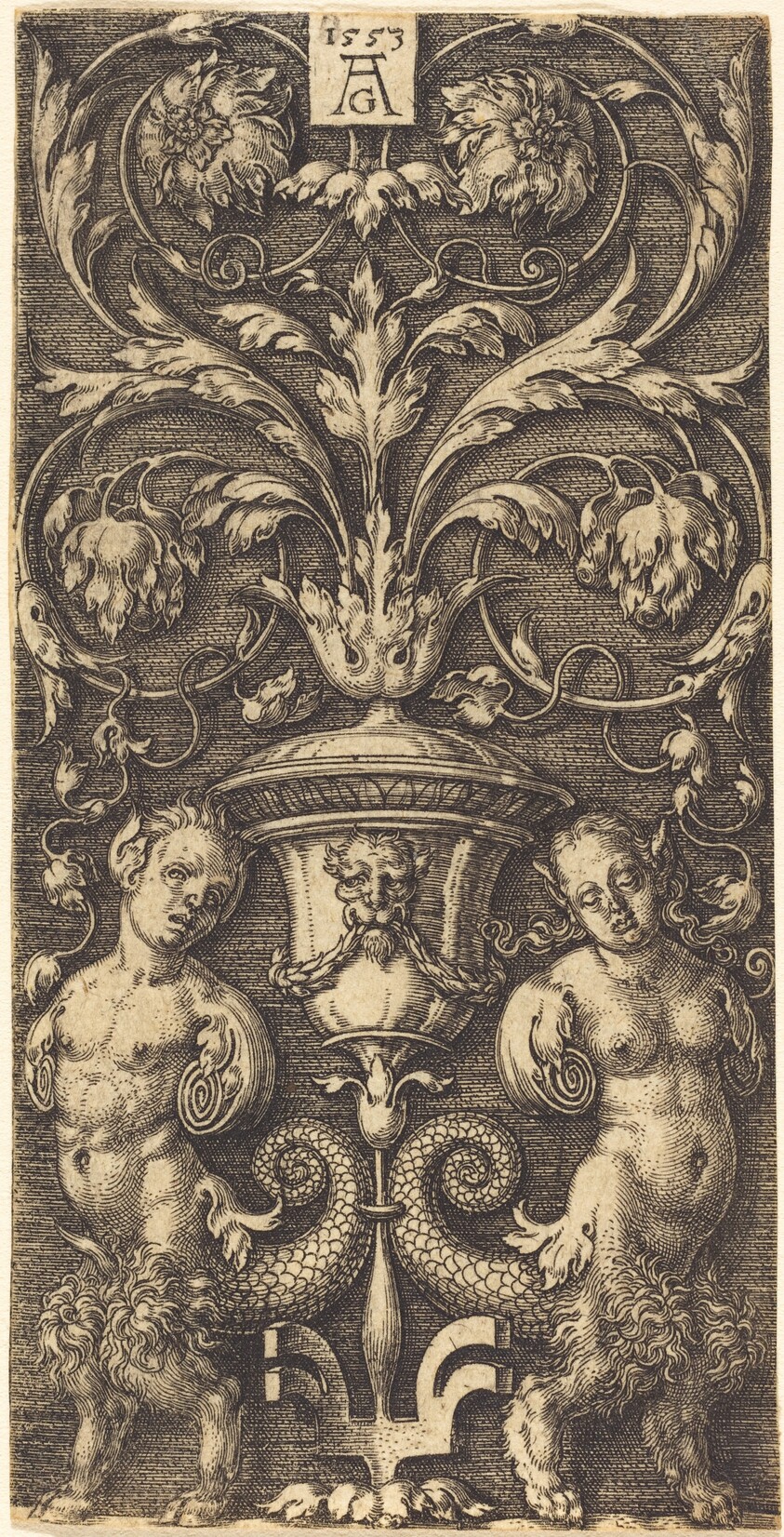 Ornament with Vase and Two Female Figures