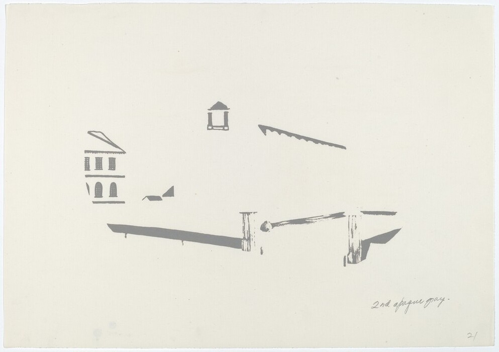 The image features abstract elements dispersed across the canvas, including architectural components like the top of a building with small windows, a triangular roof, a chimney, and parts of a fence. These elements are shown in different shades of gray on a pale background, creating a minimalist and spacious composition. The artwork emphasizes sharp lines and clear shapes through a simple and precise use of brushstrokes. There is no specific horizon or setting, allowing the viewer to concentrate on the forms and arrangement of the architectural fragments.