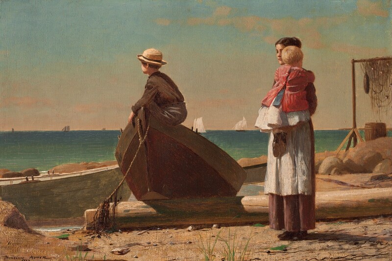 A woman holding a baby stands near a young boy who perches in the tipped-up end of a rowboat that has been pulled onto a sandy beach in this horizontal painting. All the people have light skin. The turquoise and aquamarine-blue ocean beyond meets the pale blue sky at the horizon line, about halfway up the composition. To our left of center, one end of the wooden rowboat has been propped on what might be a fallen piling on the sandy, rocky beach. The boy sitting in the bow faces our left almost in profile, and wears a round, brimmed straw hat over brown hair, a brown, long-sleeved shirt, and charcoal-gray pants. His face turns away from us so we only see his cheek and the curve of his ear. To our right, the woman’s dark hair is pulled up and she wears a white apron over a long brown skirt. She stands angled to our right and looks over the shoulder of the blond baby she holds up against her chest. The child is dressed in a white skirt, blue sash, a red jacket, and black shoes. The beach around the people is strewn with another rowboat, large boulders, a wooden barrel, and fishing nets hung over a tall frame to dry. A few tufts of scrubby grass grow in the sand around the woman’s feet. The white sails of several ships line the horizon in the deep distance. Thin, pale peach clouds float across an ice-blue sky. The artist signed and dated the work in dark paint in the lower left corner: “WINSLOW HOMER 1873.”